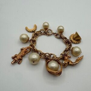 Vintage Gold Tone Faux Pearl Charm Bracelet Alligator Moon Thimble Chunky Link